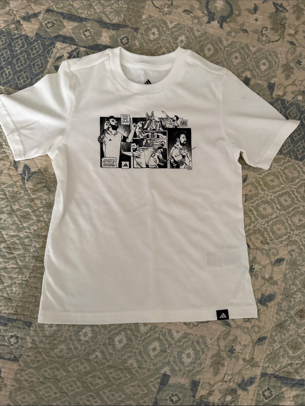 adidas LIONEL MESSI White Tee with Black Comic-Style Graphic